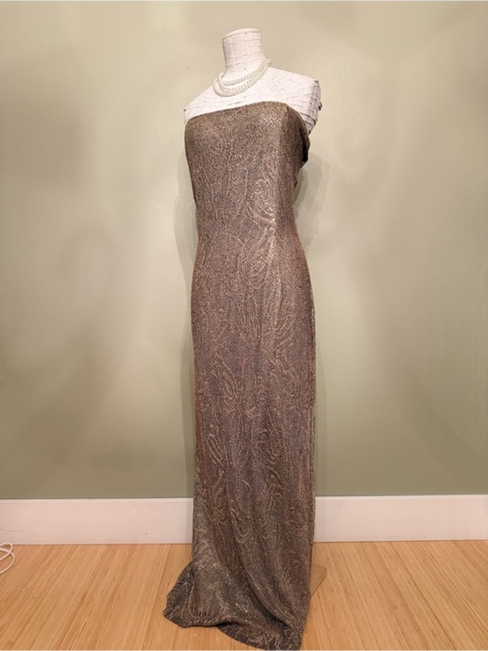 Vintage Jessica McClintock Gunne Sax Metallic Gold Strapless Maxi Dress, Size 13